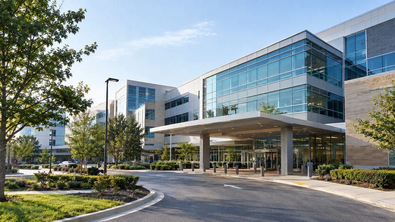 The entrance canopy of a modern multi-storey hospital